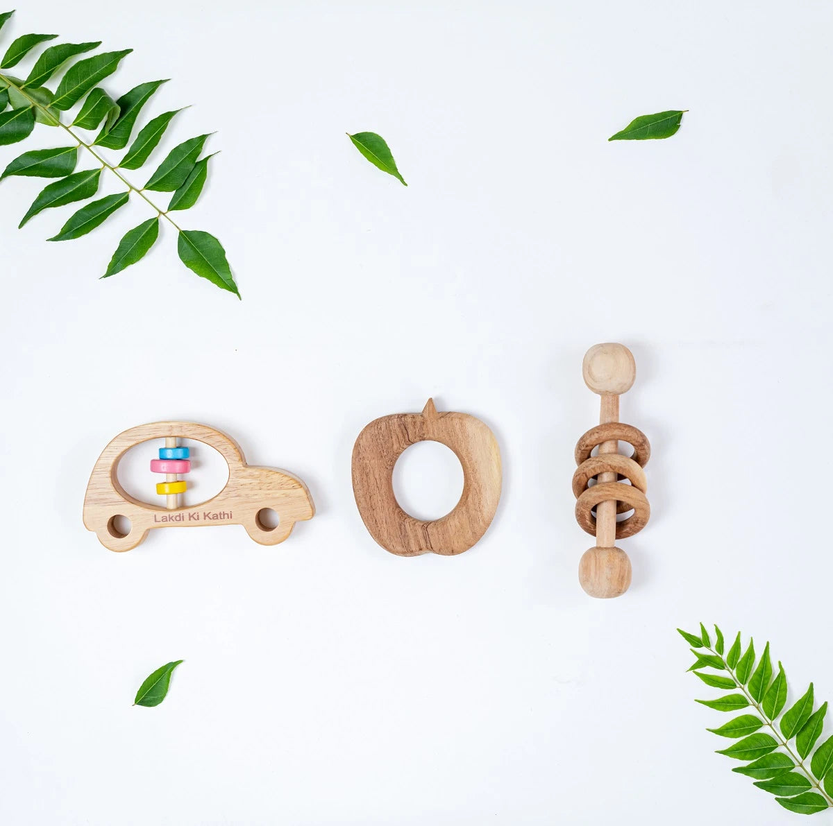 Car Rattle, Apple Teether and Dumbell Rattle