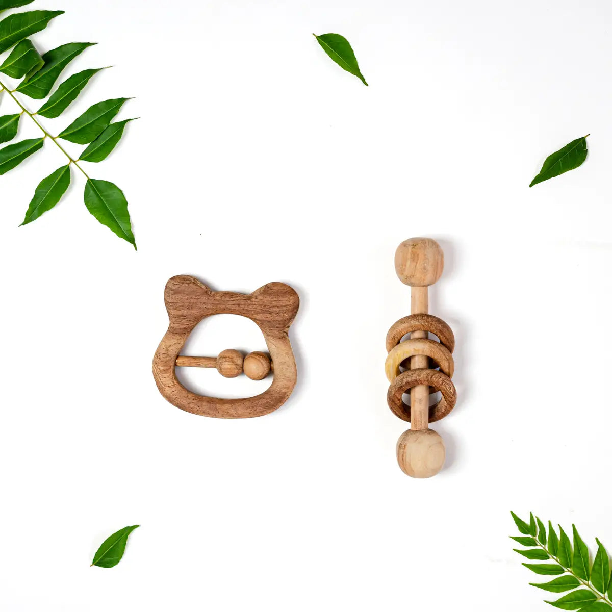 Neem Wood Dumbbell & Bear Rattle