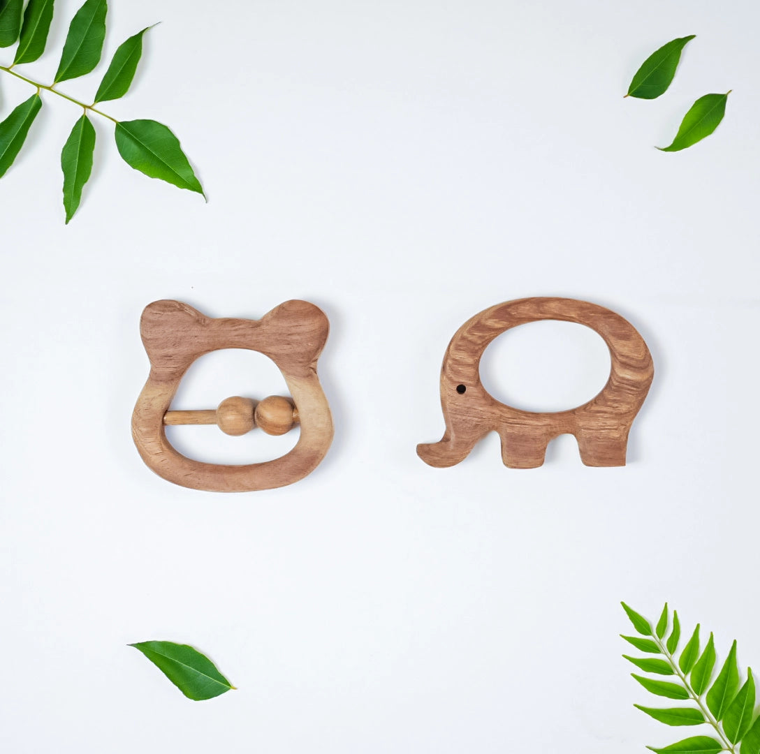 Neem Wood Elephant Teether and Bear Rattle