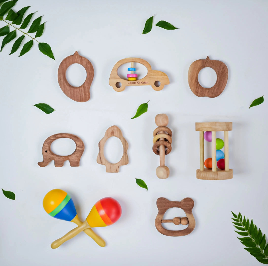 Car Rattle, Apple Teether and Dumbell Rattle